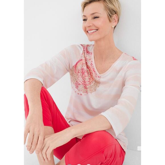 Chicos Tops - Chico’s Zenergy Medallion Tee Peach‎ White 0 Small